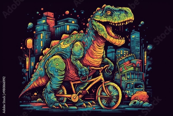 Fototapeta A unique dinosaur pedals a bicycle through a lively urban setting, illuminated by colorful lights and surrounded by imaginative, whimsical details
