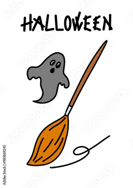 Fototapeta cute ghost looking at witch's broom