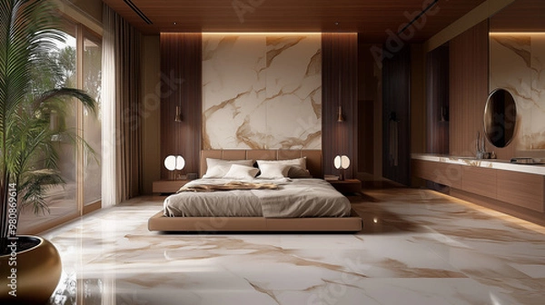 Fototapeta 3d render of interior in the bedroom, modern style on base