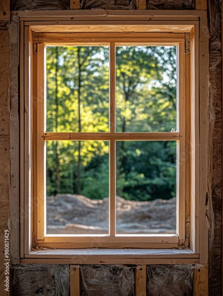 Fototapeta A wooden window frame overlooking a forest in an unfinished house.