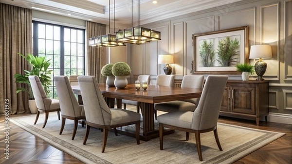 Fototapeta Elegant dining room setup with a large wooden table surrounded by eight matching chairs, adorned with a centerpiece