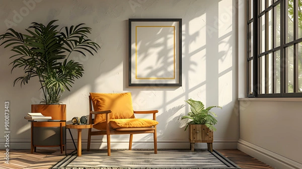Fototapeta Stylish Scandinavian composition of living room with design armchair, black mock up poster frame, commode, wooden stool, book