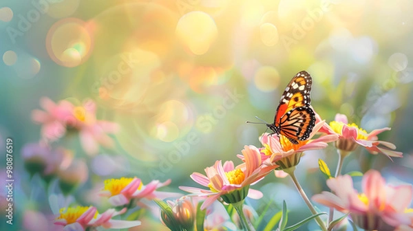 Fototapeta Abstract nature spring background with spring flowers and butterflies.