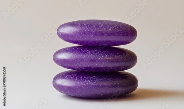 Obraz Three purple stones stacked on top of each other, isolated on a white background.