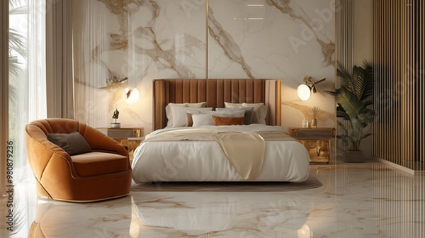 Fototapeta 3d render of interior in the bedroom, modern style on base