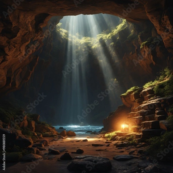 Obraz a cave with sunlight shining through a hole