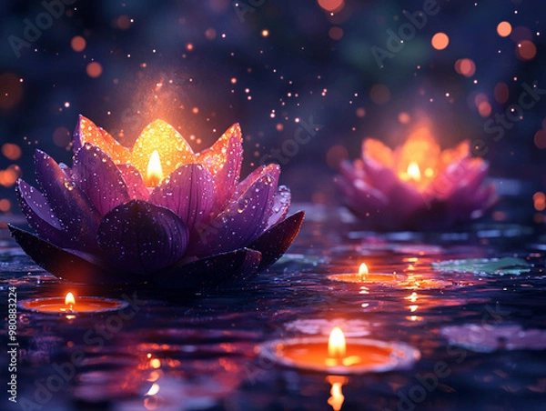 Obraz Lotus Candle Serenity: Tranquil Reflections on Water