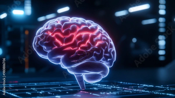 Fototapeta A futuristic representation of a brain illuminated with neon colors, symbolizing advanced technology and cognitive function.