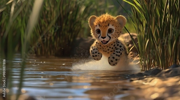 Fototapeta illustration of a cute baby cheetah playing near a watering hole surrounded by tall grass