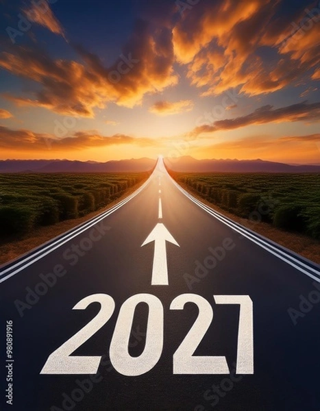 Fototapeta Road at sunrise with an arrow to the new year, departure into the new year 2027