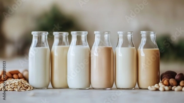 Fototapeta Bottles of various nut milk types on table