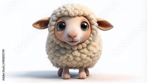 Fototapeta Adorable sheep character with fluffy wool and innocent eyes stands alone on a clean white background, showcasing its gentle and curious nature.
