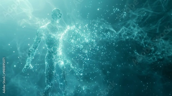 Obraz Abstract digital blue human body with polygonal wireframe silhouette and low poly dot anatomy. Technology futuristic man model.