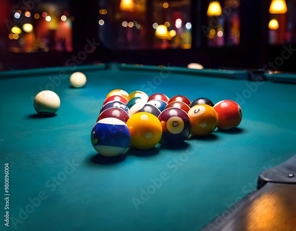 Obraz Billiard Balls: Create a scene with billiard balls falling into pockets on a pool table.