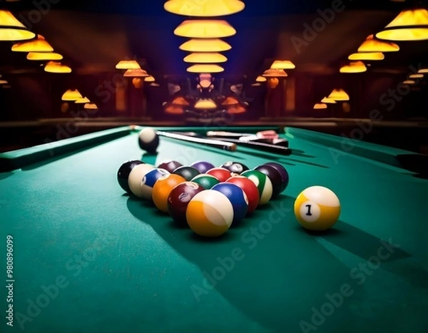 Obraz Billiard Balls: Create a scene with billiard balls falling into pockets on a pool table.