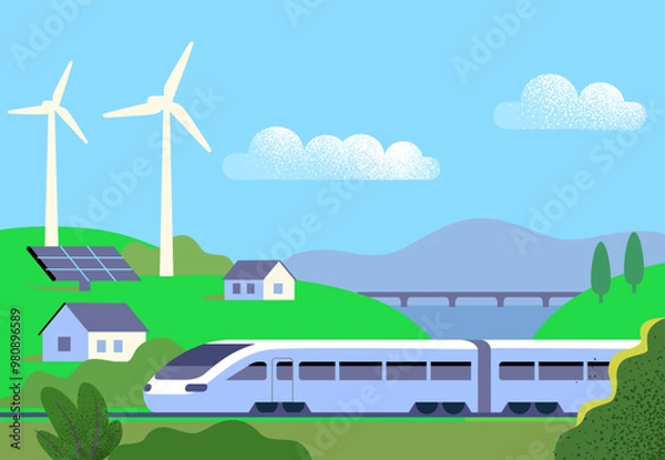 Obraz High speed train drives through beautiful landscape. Cartoon flat vector illustration