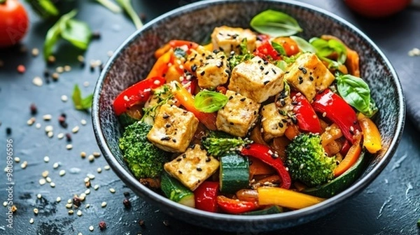 Fototapeta Stir-fried tofu and veggies with sesame seeds