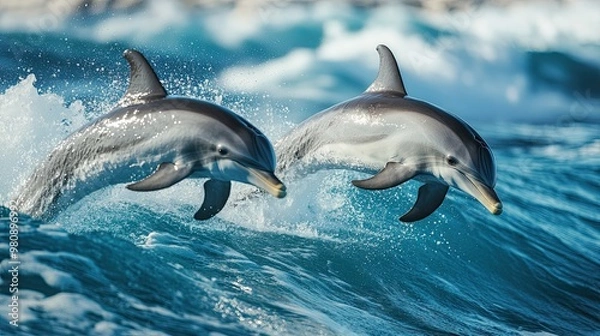 Fototapeta Two dolphins leap gracefully through the ocean waves, showcasing their playful and energetic behavior in a vibrant marine setting.

