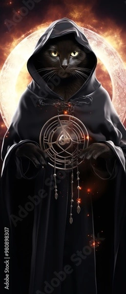 Fototapeta A mystical black cat in a robe holding a magical orb, set against a cosmic background. Perfect for fantasy and witchcraft themes.