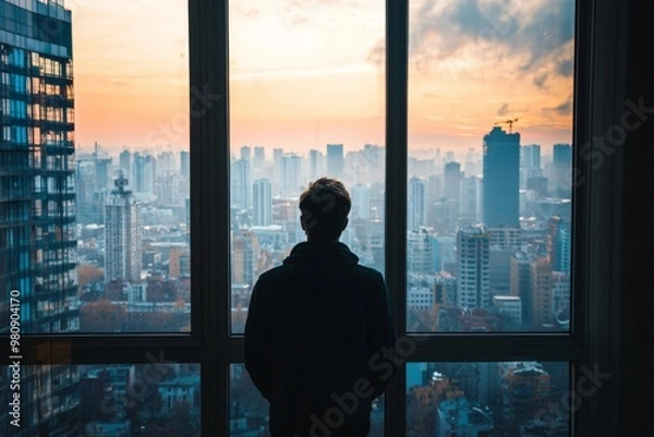 Fototapeta A person looking out of a window from a high-rise apartment, watching the bustling city below but feeling disconnected and lonely.