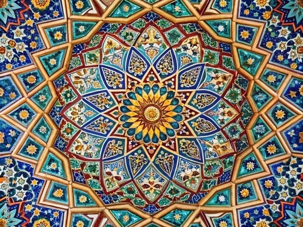 Obraz Intricately designed Islamic geometric patterns adorn ancient architecture, featuring repeating shapes, stars, and