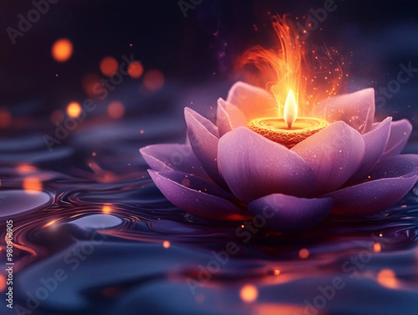 Obraz Lotus Candle Serenity: Tranquil Reflections on Water