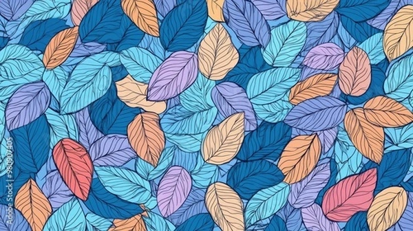 Obraz Light blue vector sketch pattern featuring a colorful abstract design with leaves in a doodle style suitable for coloring books and pages for children