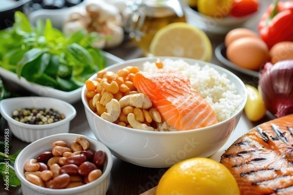 Fototapeta A bowl of fresh rice topped with raw salmon, cashews, and beans surrounded by fresh vegetables, herbs, and spices