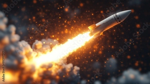 Obraz A rocket launching into space, surrounded by fiery clouds.