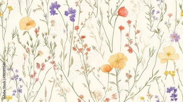 Obraz Seamless pattern of hand drawn wildflowers on a plain background Suitable for various celebrations scrapbooking textiles home decor and paper crafts