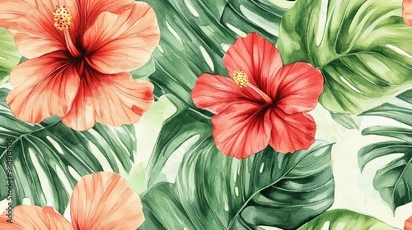 Fototapeta Tropical floral watercolor illustration featuring palm leaves and hibiscus in seamless patterns