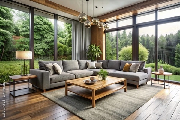 Fototapeta Luxurious modern living room with sleek gray sofa, wooden coffee table, and minimalist decor, surrounded by