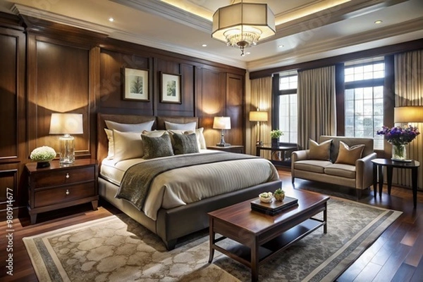 Fototapeta Luxurious suite featuring sleek, dark-wood furniture, plush bedding, and sophisticated decor, evoking classic