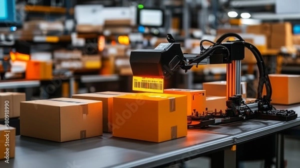 Obraz Automated Barcode Scanner System for Package Sorting in Warehouse