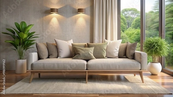Fototapeta A calming therapy session awaits on a plush couch with soft cushions and neutral tones, creating a peaceful