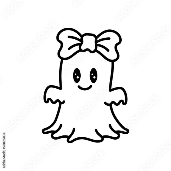 Obraz Retro Cute Halloween Ghost Outline with Bow, Boo Ghost Illustration