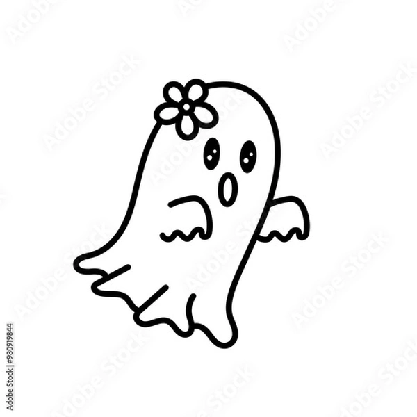 Obraz Retro Cute Halloween Ghost Outline with Flower, Boo Ghost Illustration