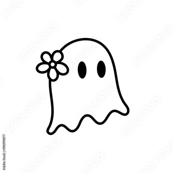 Obraz Retro Cute Halloween Ghost Outline with Flower, Boo Ghost Illustration