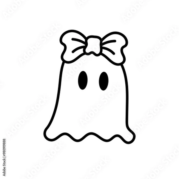 Obraz Retro Cute Halloween Ghost Outline with Bow, Boo Ghost Illustration