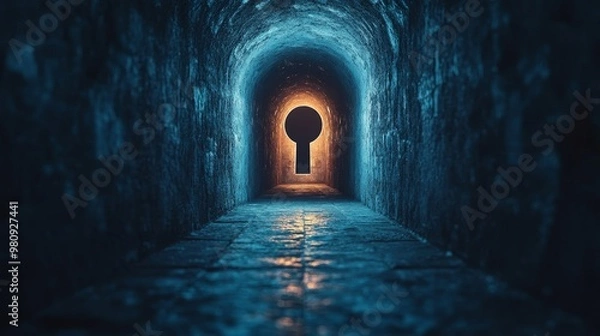 Fototapeta A dark tunnel with a keyhole in the middle