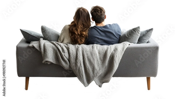 Fototapeta Couple sitting on couch, back view on transparent background