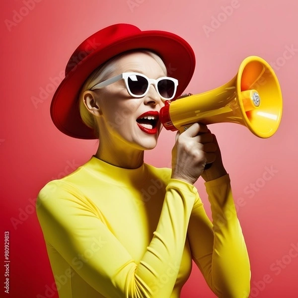 Obraz Hear Me Roar: Stylish woman in a red hat and yellow, amplifies her voice with a megaphone against a vibrant pink backdrop.