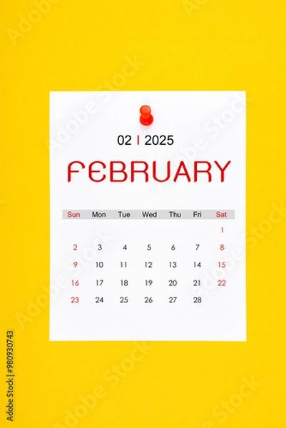 Fototapeta February 2025 calendar page with push pin on yellow background.