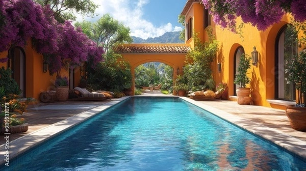 Fototapeta Serene poolside view with vibrant flora and charming architecture.