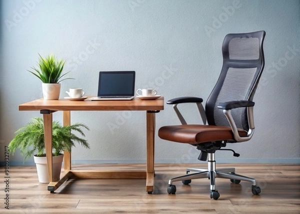 Fototapeta Modern ergonomic office chair and wooden desk with laptop, notebook, and coffee cup on a minimalist background, ideal