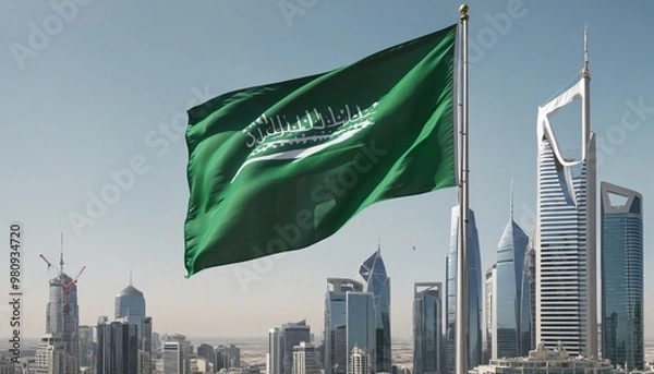 Fototapeta Sketch style illustration of the saudi arabia flag with towers and skyscrapers 