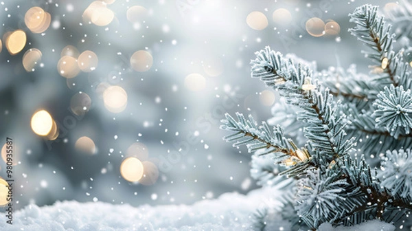 Fototapeta Beautiful Winter Background Image of Frosted Spruce Branches with Bokeh Christmas Lights