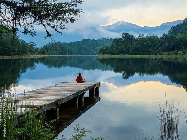 Fototapeta Tranquil Lakeside Scenery with Mountain View and Wooden Dock in Nature Landscape