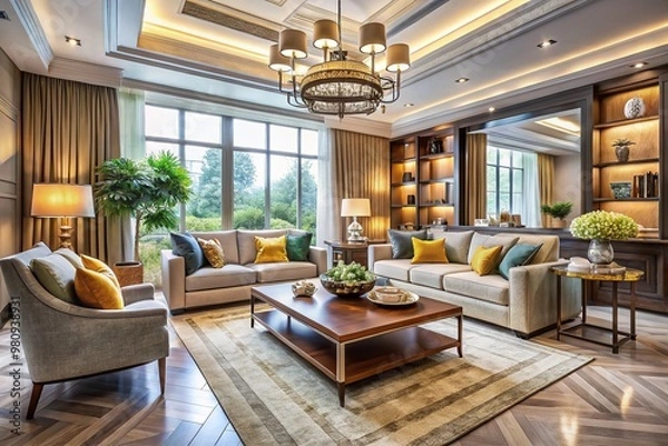 Fototapeta Modern living room with balanced elements, showcasing proportion, emphasis, harmony, contrast, unity, and variety,