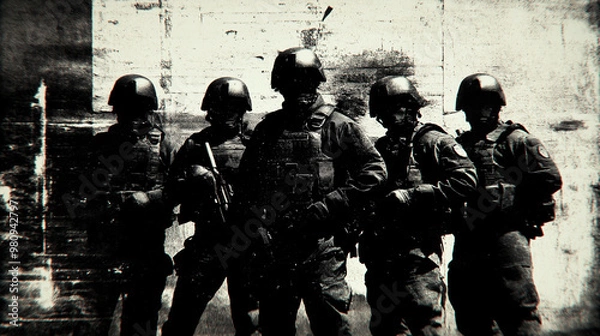 Fototapeta Five secret service agents standing in front of grunge wall